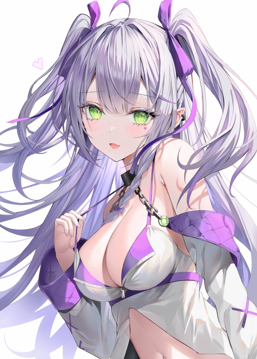 1girl ahoge armpit_crease bare_shoulders black_choker blush bow breasts center_opening chain choker cleavage detached_sleeves dot_nose earrings facial_mark fang green_eyes grey_hair hair_bow hair_ribbon halterneck hand_up heart highres jewelry long_hair long_sleeves looking_at_viewer medium_breasts navel no_bra open_mouth original pointy_ears pulled_by_self purple_ribbon revealing_clothes ribbon rin_yuu shirt sidelocks simple_background skin_fang smile solo spaghetti_strap stomach strap_gap strap_pull two_side_up upper_body white_background white_hair white_shirt