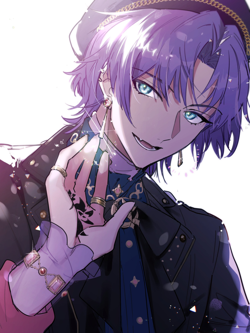 1boy :d absurdres beret black_bow black_bowtie black_headwear black_jacket blue_eyes blue_shirt bow bowtie bracelet cunonn earrings fang frilled_shirt_collar frills gem glint hand_tattoo hat highres jacket jewelry lapels long_sleeves looking_at_viewer lower_teeth_only mahoutsukai_no_yakusoku male_focus multiple_rings murr_hart notched_lapels parted_bangs pink_gemstone purple_hair purple_sleeves red_gemstone ring see-through see-through_sleeves shirt short_hair simple_background skin_fang smile solo star_(symbol) star_in_eye symbol_in_eye tattoo teeth upper_body white_background