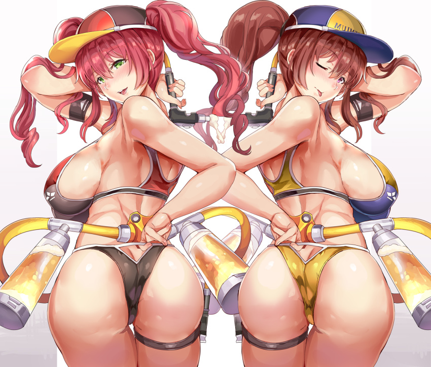 2girls alcohol armband ass ass_cutout baseball_cap beer bikini black_armband black_bikini blue_bikini blush breasts brown_hair butt_crack clothes_grab clothes_pull clothing_cutout foam from_behind green_eyes hair_between_eyes hairband hat high_ponytail highres himuro_shunsuke holding huge_breasts large_breasts leg_wrap long_hair looking_back medium_hair multicolored_bikini multicolored_clothes multiple_girls one_eye_closed open_mouth original ponytail purple_eyes red_bikini red_hair sideboob sidelocks strap string_bikini swimsuit tongue tongue_out twintails uriko_(baseball) white_trim yellow_bikini