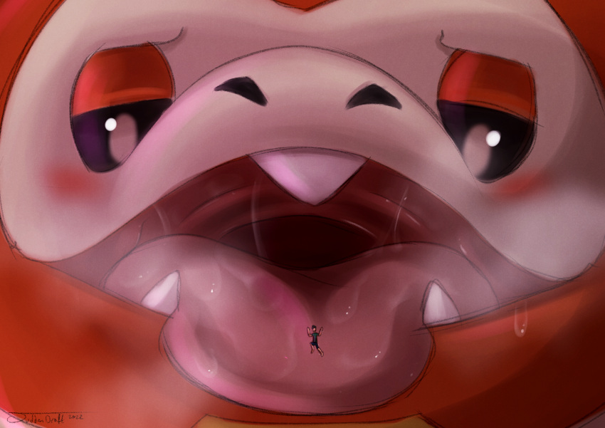 2022 ambiguous_gender blush bodily_fluids clothed_human digital_media_(artwork) drooling duo fuecoco generation_9_pokemon hi_res human imminent_vore larger_ambiguous macro male mammal micro mouth_shot nintendo open_mouth pokemon pokemon_(species) saliva saliva_string size_difference small_teeth smaller_male suddendraft tongue