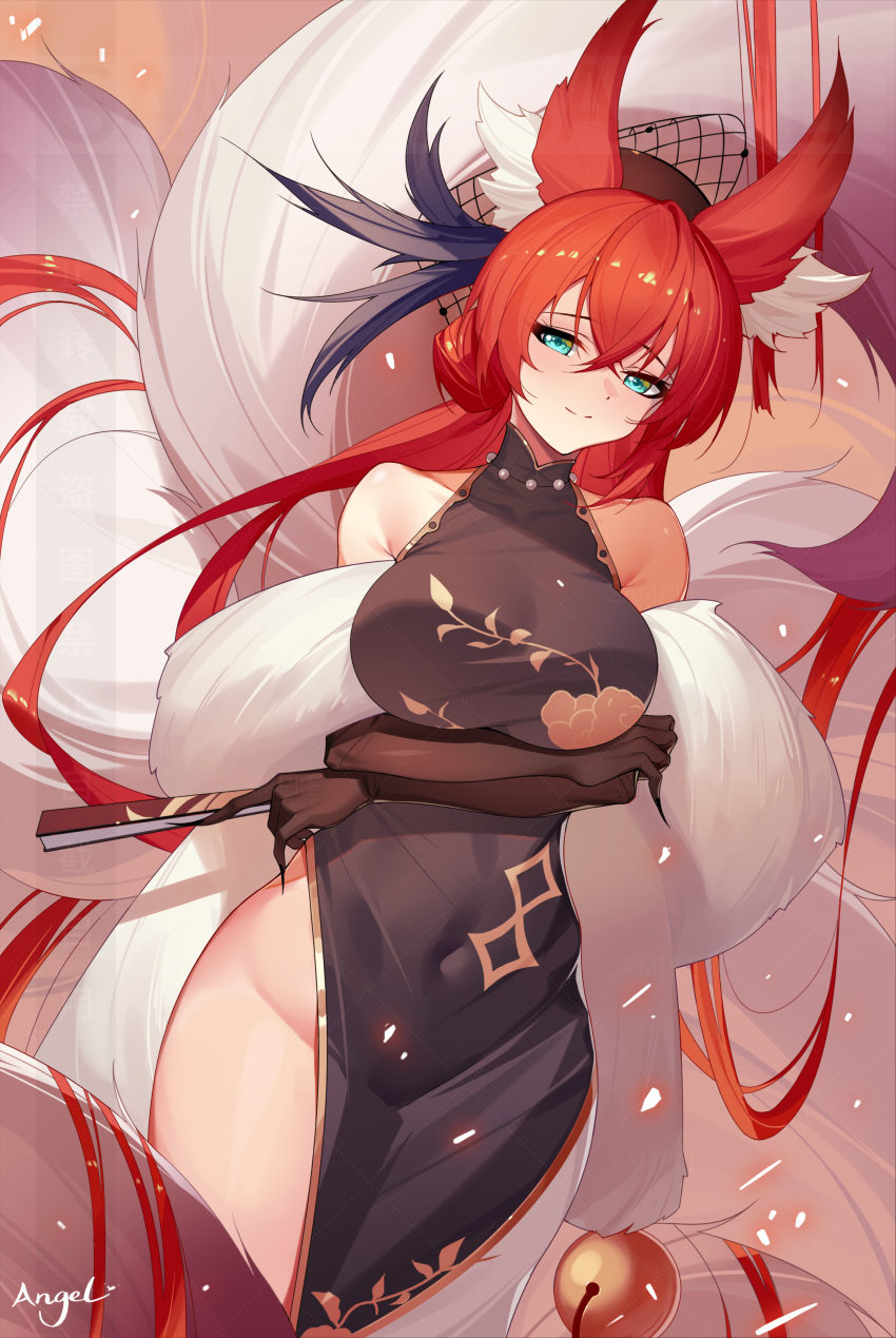 1girl absurdres animal_ear_fluff animal_ears arms_under_breasts bare_shoulders bell black_dress black_gloves breasts china_dress chinese_clothes closed_mouth covered_navel crossed_bangs dress elbow_gloves fox_ears gloves green_eyes hair_between_eyes hand_fan highres holding holding_fan large_breasts lc_angel long_hair looking_at_viewer multiple_tails original pelvic_curtain red_hair sample_watermark sleeveless sleeveless_dress smile solo split_mouth tail tail_bell tail_ornament watermark