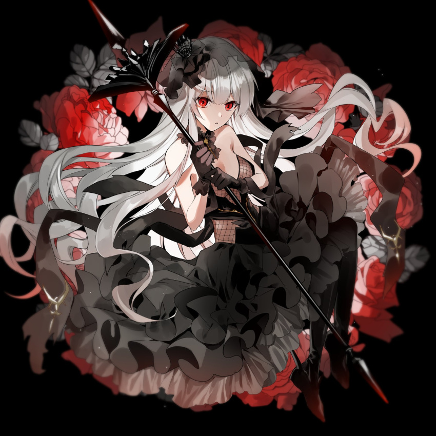 1girl amazuki_jou azur_lane bare_shoulders black_dress black_gloves black_headwear black_thighhighs bridal_veil closed_mouth crown dress fishnet_fabric flower frilled_dress frills full_body gloves grey_hair highres holding holding_scepter latex latex_thighhighs long_hair looking_at_viewer mini_crown queen_elizabeth_(azur_lane) queen_elizabeth_(meta)_(azur_lane) red_eyes red_flower red_rose rose scepter solo thighhighs tilted_headwear veil