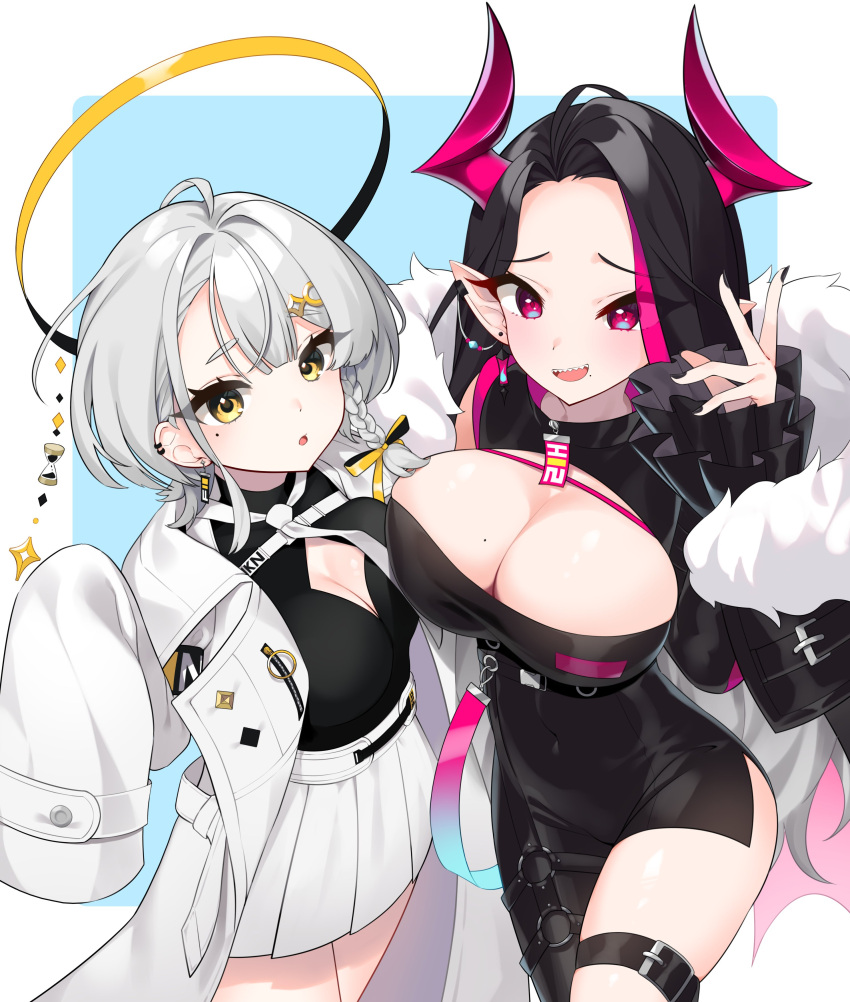 2girls :d :o absurdres black_dress black_nails black_pantyhose black_shirt blue_background blush breasts cleavage cleavage_cutout clothing_cutout commentary_request copyright_request dress ear_piercing forehead grey_hair hair_ornament halo highres horns jacket korean_commentary kutata large_breasts long_sleeves mole mole_under_eye multicolored_hair multiple_girls nail_polish open_clothes open_jacket pantyhose parted_bangs parted_lips piercing pleated_skirt pointy_ears puffy_long_sleeves puffy_sleeves purple_hair red_eyes sharp_teeth shirt single_leg_pantyhose skirt sleeves_past_wrists smile streaked_hair teeth two-tone_background white_background white_jacket white_skirt yellow_eyes