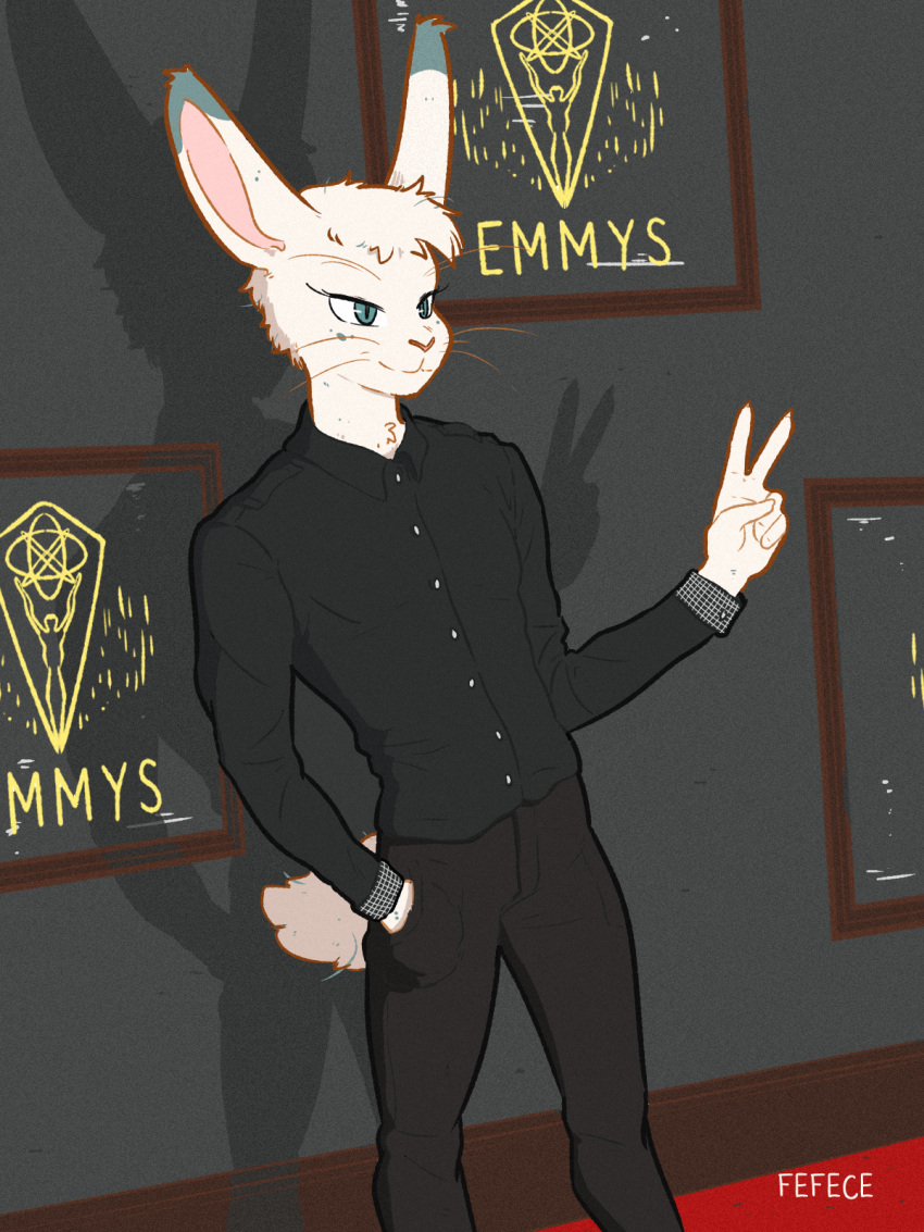 anthro beauty_mark black_clothing blue_eyes clothing eyelashes fashion fefece fur hi_res invalid_color lagomorph leporid long_ears long_eyelashes male mammal markings mole_(marking) ng_hus photo_shoot prize rabbit shadow solo unknown_character white_body white_fur