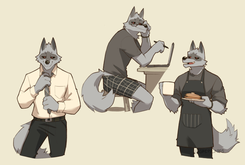 anthro apron bead_bracelet boxer_briefs canid canine canis clothing coffee_mug computer death_(puss_in_boots) dress_shirt eyewear food glasses greyy hi_res laptop male mammal necktie pancake shirt solo t-shirt topwear underwear wolf