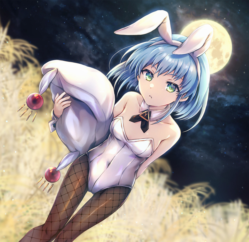 1girl animal_ears bare_shoulders blue_hair blurry blurry_background breasts brown_pantyhose collar commentary_request covered_navel depth_of_field dutch_angle fake_animal_ears feet_out_of_frame fishnet_pantyhose fishnets full_moon green_eyes hairband hat hat_removed headwear_removed hecate_(shakugan_no_shana) highres holding holding_clothes holding_hat leotard looking_at_viewer medium_breasts moon night night_sky outdoors pantyhose playboy_bunny rabbit_ears shakugan_no_shana sky solo star_(sky) starry_sky strapless strapless_leotard tachitsu_teto thigh_gap tsukimi wheat_field white_collar white_hairband white_headwear white_leotard wing_collar wrist_cuffs