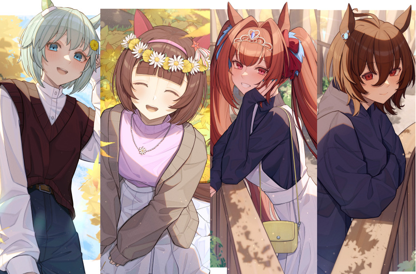 4girls absurdres against_railing agnes_tachyon_(umamusume) ahoge alternate_costume animal_ears arm_up autumn bag belt blue_eyes blue_hair blue_nails blue_pants blue_sky blush border brown_belt brown_cardigan brown_eyes brown_hair brown_vest bush cardigan casual closed_eyes closed_mouth commentary_request cowboy_shot crossed_arms daiwa_scarlet_(umamusume) day ear_covers ear_ornament fang grin hair_between_eyes hair_intakes hair_ornament hairclip head_rest highres horse_ears horse_girl horse_tail isana615 jewelry leaf long_hair long_sleeves looking_at_viewer looking_to_the_side multiple_girls nail_polish necklace nishino_flower_(umamusume) on_ground open_mouth outdoors pants pink_socks pink_sweater railing red_eyes seiun_sky_(umamusume) shirt short_hair shoulder_bag single_ear_cover sitting sky sleeves_past_wrists smile socks sweater tail tiara tree twintails umamusume upper_body very_long_hair vest wariza white_border white_shirt wooden_railing