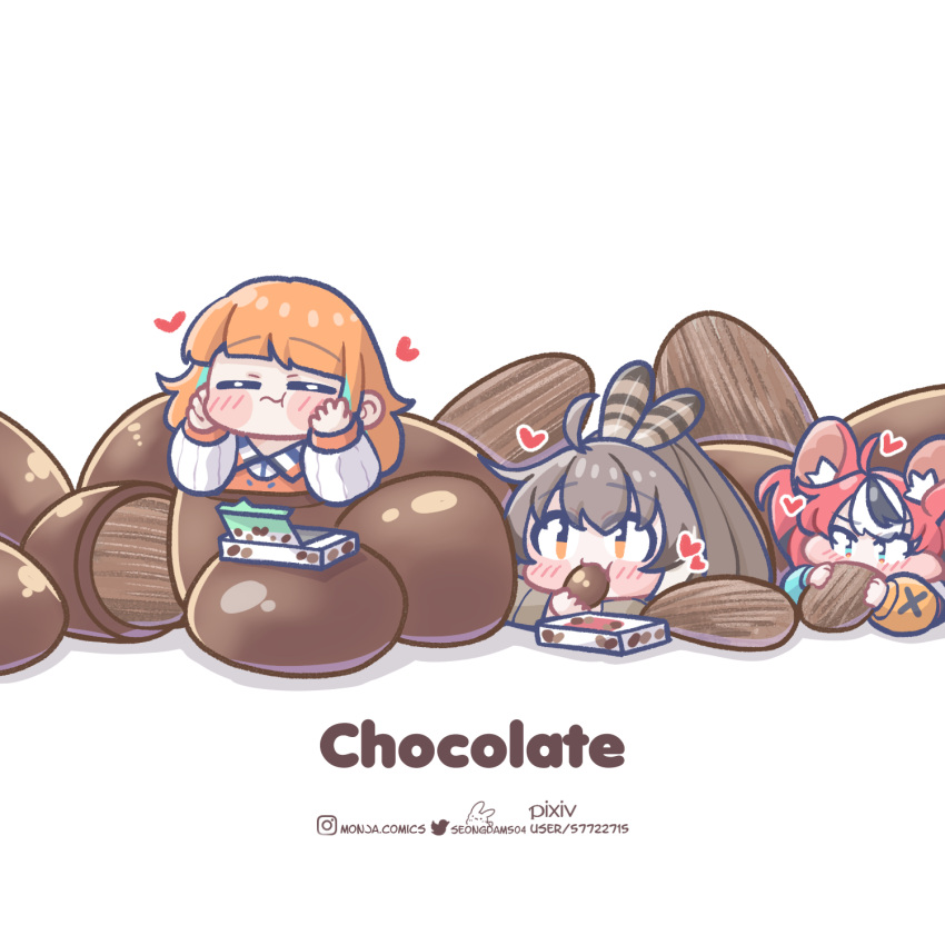 3girls almond animal_ears blush blush_stickers brown_hair chibi chocolate commentary eating english_commentary english_text feather_hair_ornament feathers hair_ornament hakos_baelz hakos_baelz_(1st_costume) heart highres hololive hololive_english instagram_username monja_(monja0521) mouse_ears multiple_girls nanashi_mumei nanashi_mumei_(1st_costume) orange_hair pixiv_username ponytail red_hair takanashi_kiara takanashi_kiara_(1st_costume) twitter_username virtual_youtuber