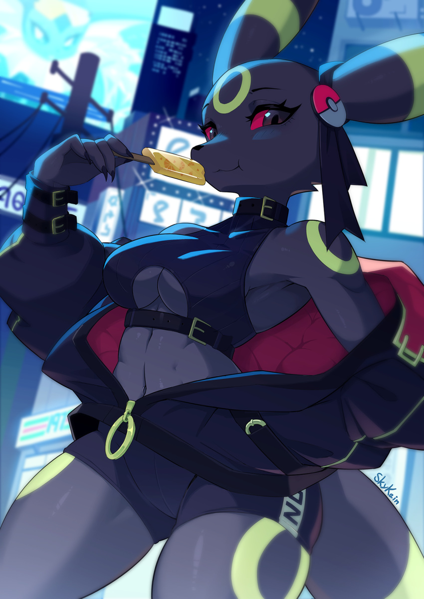 2023 5_fingers anthro black_body black_eyes black_fur bottomwear braless breasts city city_background clothed clothing eating eeveelution female fingers food fully_clothed fur generation_2_pokemon gym_bottomwear gym_clothing gym_shorts hi_res holding_food holding_object holding_popsicle looking_at_viewer looking_down looking_down_at_viewer markings navel nintendo no_bra_under_clothes pokemon pokemon_(species) popsicle red_sclera ring_(marking) shorts skykain solo sweater tail topwear umbreon