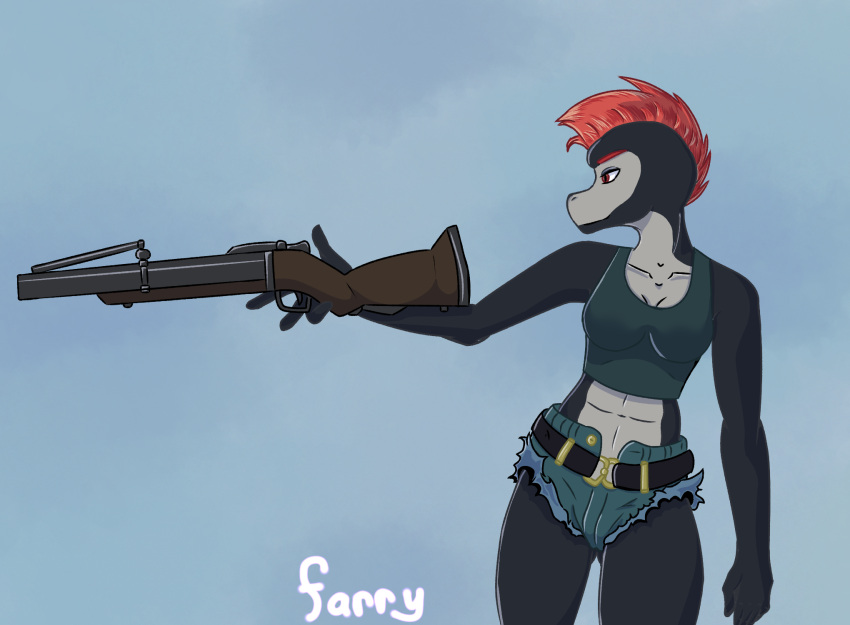 anthro black_lagoon bottomwear clothing crop_top farrythedragon female grenade_launcher hair hi_res hotpants mohawk ranged_weapon red_hair reptile scalie shirt shorts snake solo tomboy topwear weapon xira_decobray