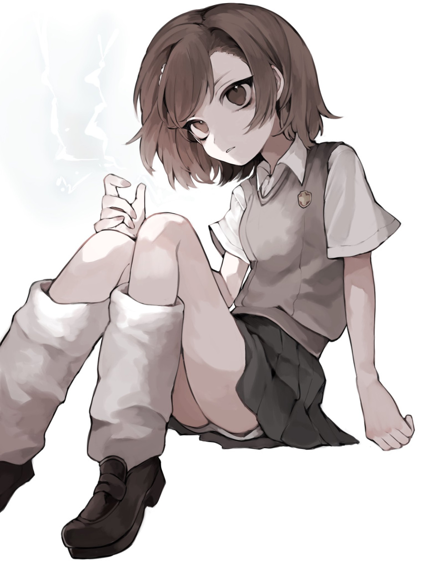 1girl black_skirt brown_eyes brown_footwear brown_hair brown_sweater_vest collared_shirt electricity full_body grey_background highres loafers loose_socks manuka_x_x misaka_mikoto parted_lips pleated_skirt shirt shoes short_hair short_sleeves simple_background skirt socks solo sweater_vest toaru_kagaku_no_railgun toaru_majutsu_no_index white_shirt white_socks