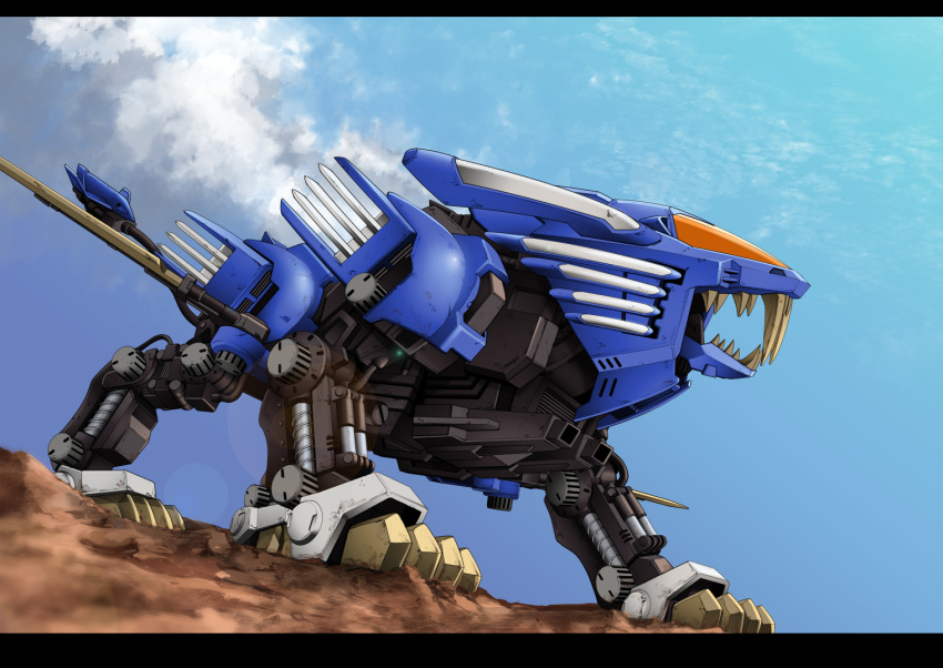 ayato_mabu blade blade_liger blue_sky cannon claws cloud cloudy_sky commentary fangs mecha no_humans robot science_fiction sky solo weapon zoids zoids_chaotic_century