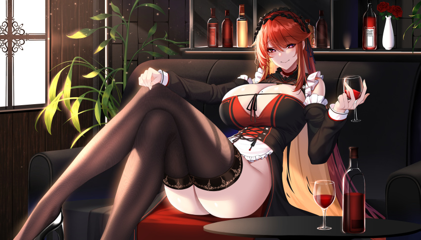 1girl absurdres ass bare_shoulders bottle breasts chixiao cleavage couch cup detached_sleeves drinking_glass headdress highres indoors large_breasts long_hair long_sleeves mole mole_under_eye on_couch original plant red_hair sitting solo thighhighs wine_bottle wine_glass
