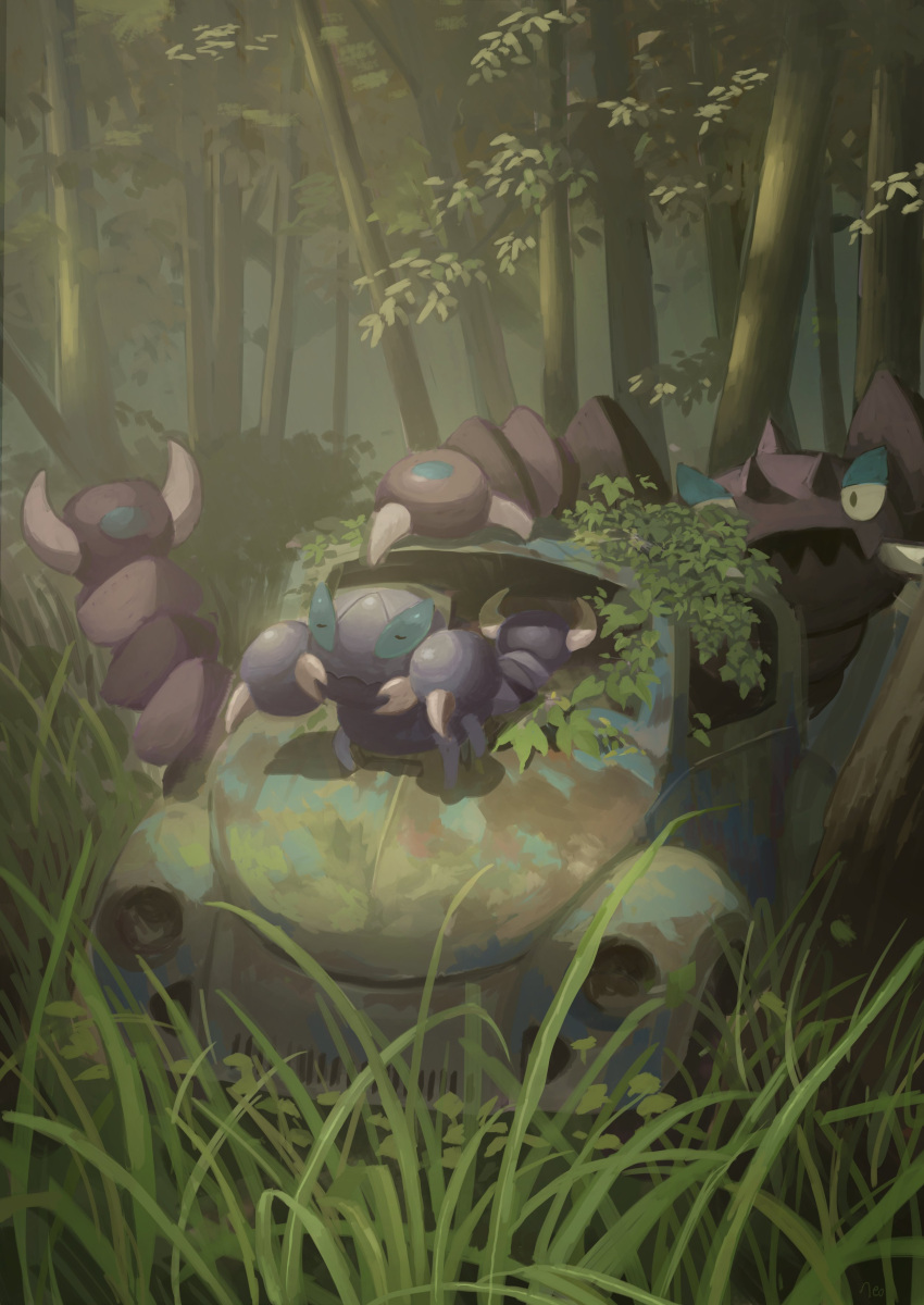 absurdres black_eyes claws closed_eyes commentary_request day drapion evolutionary_line grass highres king_joe_(neoroto) no_humans outdoors pokemon pokemon_(creature) skorupi tree