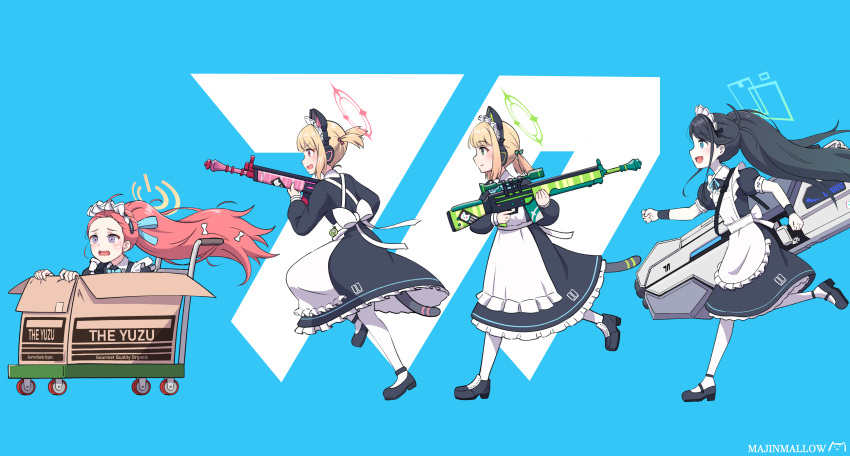 4girls absurdres animal_ear_headphones animal_ears apron aris_(blue_archive) aris_(maid)_(blue_archive) artist_name assault_rifle back_bow battle_rifle black_footwear black_hair black_wristband blonde_hair blue_archive blue_background blue_bow blue_bowtie blue_eyes blue_ribbon bow bowtie box cardboard_box cat_ear_headphones cat_tail closed_mouth fake_animal_ears floating_hair forehead frilled_apron frills game_development_department_(blue_archive) green_eyes green_halo gun h&amp;k_g3 hair_bow hair_ribbon halo headphones highres holding holding_gun holding_weapon in_box in_container long_hair looking_ahead maid maid_apron maid_headdress majinmallow mary_janes midori_(blue_archive) midori_(maid)_(blue_archive) momoi_(blue_archive) momoi_(maid)_(blue_archive) multiple_girls neck_ribbon official_alternate_costume open_mouth orange_hair pantyhose pink_eyes pink_halo ponytail profile purple_eyes railgun red_bow ribbon rifle running scared serious shoes short_hair smile standing tail twintails wavy_mouth weapon white_apron white_bow white_pantyhose yellow_halo yuzu_(blue_archive) yuzu_(maid)_(blue_archive)