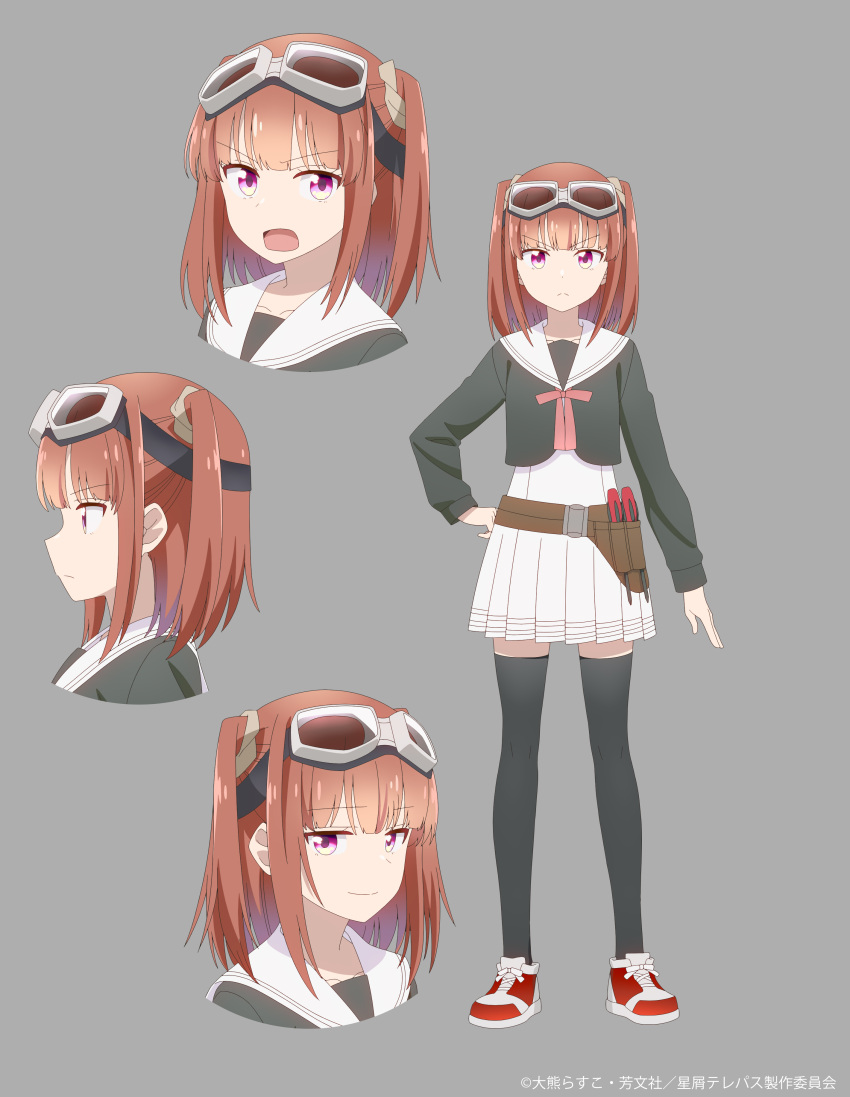 1girl absurdres black_shirt black_thighhighs blunt_bangs brown_eyes brown_hair closed_mouth dress frown fujinomisaki_school_uniform goggles goggles_on_head grey_background hand_on_own_hip highres hoshikuzu_telepath long_sleeves medium_hair multiple_views neck_ribbon official_art open_mouth pink_ribbon pleated_dress profile raimon_matataki red_footwear ribbon sailor_collar school_uniform screwdriver shirt shirt_over_dress shoes short_dress sidelocks simple_background sneakers thighhighs tool_belt two_side_up v-shaped_eyebrows white_dress white_sailor_collar