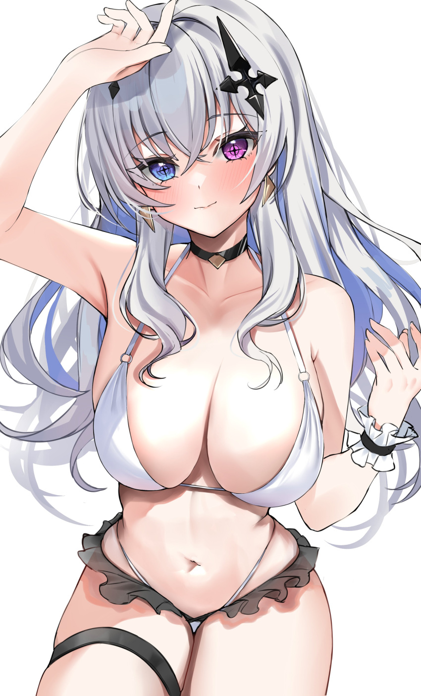 1girl absurdres arm_up bare_arms bare_shoulders bikini black_choker blue_eyes blue_hair blush breasts choker colored_inner_hair cross-shaped_pupils crossed_bangs earrings frilled_bikini frills grey_hair hair_between_eyes hair_ornament halterneck hand_up heterochromia highleg highleg_bikini highres invisible_chair jewelry large_breasts layered_bikini long_hair looking_at_viewer multicolored_hair navel nemun_(tamizzz) neo-porte pink_eyes simple_background sitting skindentation smile solo stomach swimsuit symbol-shaped_pupils tentei_forte thigh_strap two-tone_hair virtual_youtuber white_background white_bikini wrist_cuffs