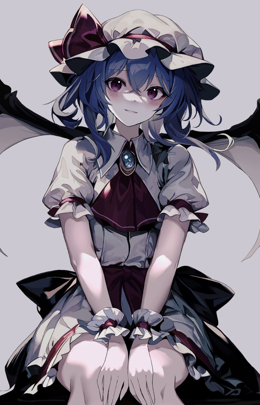 1girl absurdres ascot bat_wings blue_hair blush brooch dress feet_out_of_frame grey_background hair_between_eyes hat hat_ribbon highres jewelry krs_(kqrqsi) mob_cap open_mouth purple_eyes red_ascot red_ribbon remilia_scarlet ribbon short_hair short_sleeves simple_background solo touhou white_dress white_headwear wings wrist_cuffs