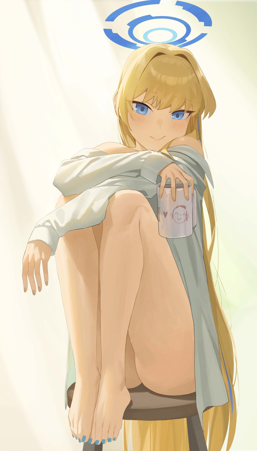 1girl absurdres alternate_costume arona's_sensei_doodle_(blue_archive) ass bare_legs barefoot blonde_hair blue_archive blue_eyes blush cup feet fingernails hair_intakes halo highres holding holding_cup knees_up legs long_sleeves looking_at_viewer mm_(mhm2592) nail_polish revision sensei_(blue_archive) shirt sitting smile solo thighs toenail_polish toenails toes toki_(blue_archive) white_shirt
