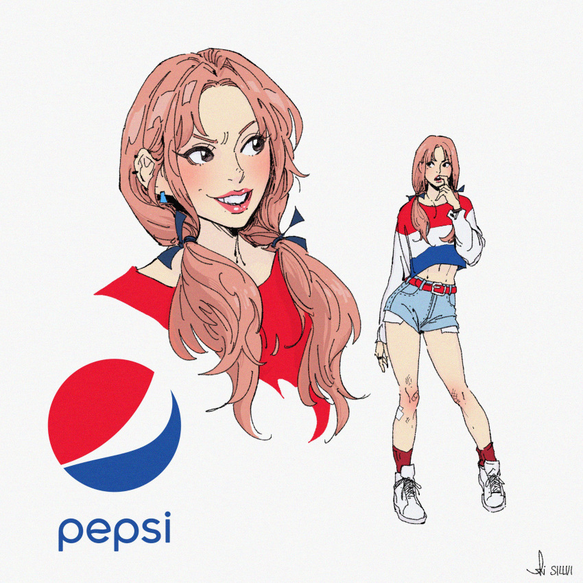 1girl absurdres belt blue_ribbon commentary denim earrings english_commentary hair_ribbon hand_to_own_mouth highres jewelry looking_to_the_side medium_hair midriff multiple_views navel original parted_lips pepsi personification pink_hair product_placement red_socks ribbon shirt shoes short_shorts shorts signature sillvi simple_background sneakers socks standing striped striped_shirt teeth twintails upper_body white_background white_footwear