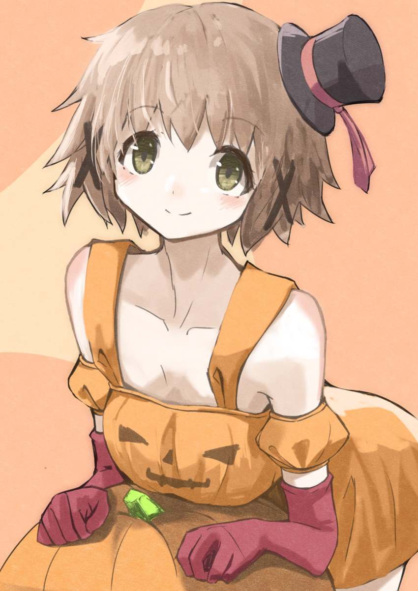 1girl asagao_21 black_headwear brown_hair dress elbow_gloves food-themed_clothes gloves green_eyes halloween_costume hidamari_sketch highres leaning_forward orange_background orange_dress pumpkin red_gloves short_hair smile solo yuno_(hidamari_sketch)