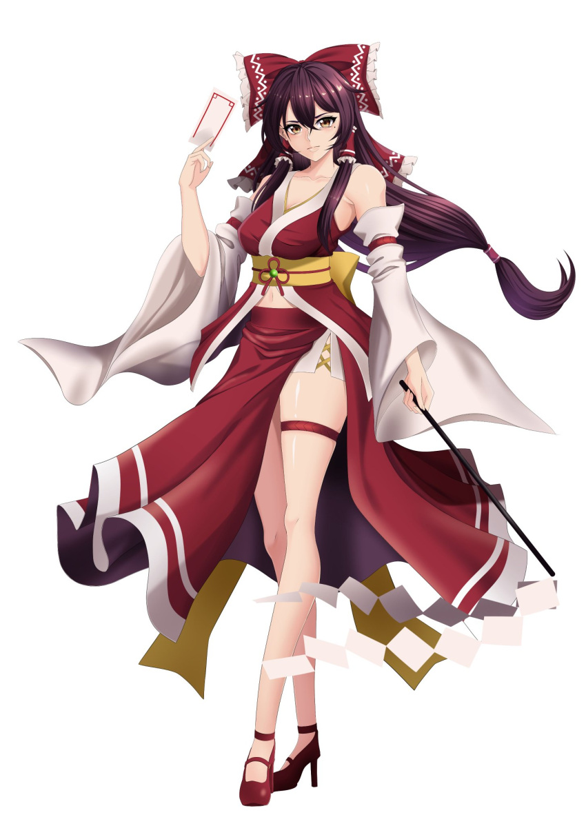 1girl adapted_costume bad_anatomy bad_leg bare_legs bare_shoulders breasts cleavage detached_sleeves full_body hair_between_eyes hakurei_reimu hand_up highres looking_at_viewer medium_breasts simple_background solo standing touhou white_background wide_sleeves yui_(pfyt3782)