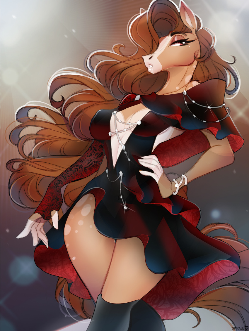 anthro breasts brown_body brown_eyes brown_fur brown_hair clothed clothing equid equine female fur hair hi_res horse mammal solo spirale