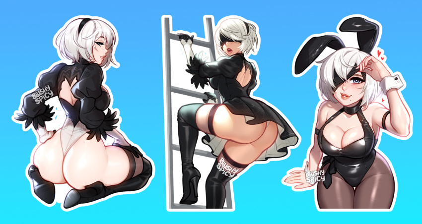 1girl animal_ears arm_support ass back_cutout bare_shoulders black_blindfold black_dress black_gloves black_hairband black_leotard black_thighhighs blindfold blindfold_lift blue_background blushyspicy boots breasts brown_pantyhose bulging_eyes cleavage climbing_ladder clothing_cutout curvy dress english_commentary english_text eye_pop fake_animal_ears from_above from_behind gloves gradient_background grey_eyes hairband heart high_heel_boots high_heels huge_ass juliet_sleeves large_breasts leotard lips long_sleeves looking_at_viewer looking_back medium_breasts meme mole mole_under_mouth multiple_views nier:automata nier_(series) open_mouth outline panties pantyhose playboy_bunny puffy_sleeves rabbit_ears shiny_skin short_hair sitting smile speech_bubble teeth thick_thighs thigh_boots thighhighs thighs underwear white_hair white_outline white_panties wrist_cuffs yorha_no._2_type_b you_may_spank_it_once_(meme)