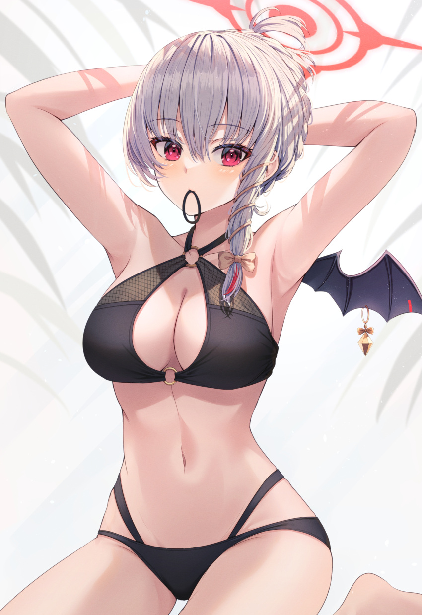 1girl armpits arms_up bikini black_bikini blue_archive braid breasts cleavage demon_wings grey_hair hair_tie_in_mouth halo halterneck haruna_(blue_archive) highleg highleg_bikini highres large_breasts layered_bikini long_hair looking_at_viewer mouth_hold multiple_straps navel o-ring o-ring_bikini o-ring_top primamiya red_eyes red_halo side_braid simple_background single_wing solo stomach swimsuit tying_hair white_background wing_piercing wings