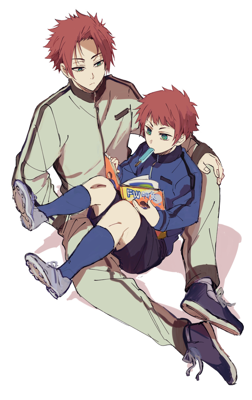 2boys absurdres age_comparison black_footwear blue_eyes blue_jacket blue_lock blue_socks book food food_in_mouth full_body grey_footwear hand_in_pocket highres holding holding_book itoshi_sae jacket long_sleeves male_focus multiple_boys pants popsicle reading red_hair shoes short_hair simple_background sitting sleeves_past_wrists socks toramaru_(696anna) track_jacket track_pants track_suit white_background white_jacket white_pants