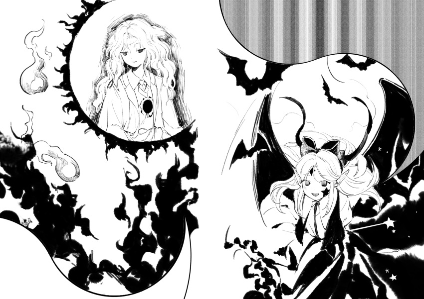 2girls absurdres bat_wings bow closed_mouth collared_shirt elis_(touhou) greyscale hair_bow highly_responsive_to_prayers highres kaigen_1025 kikuri_(touhou) long_hair long_sleeves monochrome multiple_girls open_mouth pointy_ears shirt skirt smile star_(symbol) touhou touhou_(pc-98) wand wings