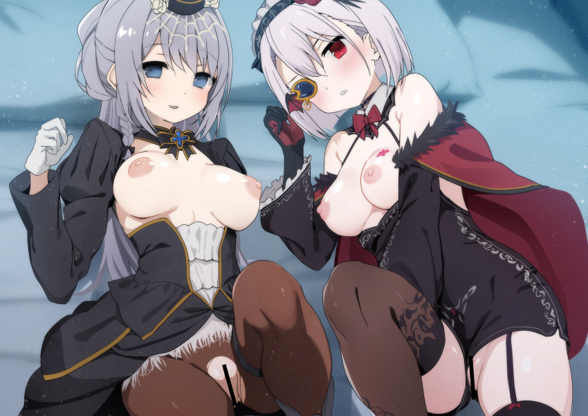 2girls absurdres anshinmama bar_censor bare_shoulders black_dress black_gloves black_headwear black_sleeves blue_background blue_eyes blush bow braid breast_tattoo breasts breasts_apart breasts_out censored commission dark_persona dot_nose dress empty_eyes flower frilled_sleeves frills front_slit fur-trimmed_sleeves fur_trim garter_straps gem gloves hair_between_eyes hair_bun half_updo halloween_costume hat hat_flower highres izumi_kanagi izumi_kanagi_(vampire_ver.) long_hair looking_at_viewer lying magia_record:_mahou_shoujo_madoka_magica_gaiden magical_girl mahou_shoujo_madoka_magica medium_breasts multiple_girls nipples official_alternate_costume on_back one_eye_covered pantyhose pillbox_hat pixiv_commission red_bow red_eyes short_hair side_braid sidelocks silk single_hair_bun sleeveless sleeveless_dress spider_web swept_bangs tattoo thighhighs torn_clothes torn_pantyhose vampire_costume white_gloves yakumo_mitama yakumo_mitama_(tokoyami_ver.)