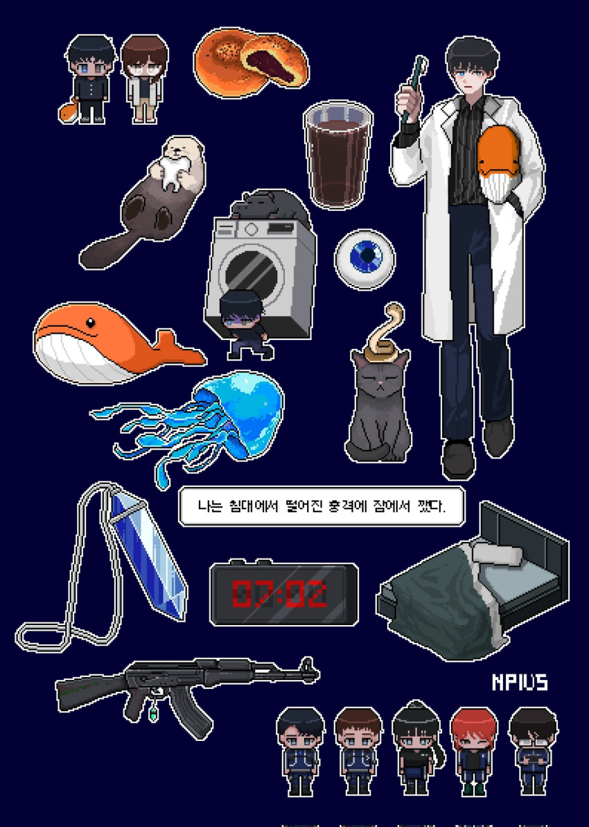 2girls 5boys abyss_3000 animal baek_ae-young bed black_cat black_hair black_shirt blue_background brown_hair cat clock commentary_request cup digital_clock drink eoduun_badaui_deungbul-i_doeeo food gun hand_in_pocket heterochromia highres hippopotamus holding holding_stuffed_toy jellyfish jeong_sang-hyun jewelry jewelry_removed jihyeok_seo kim_jaehee korean_commentary korean_text lab_coat long_sleeves multiple_boys multiple_girls necklace necklace_removed otter park_moo-hyun pixel_art red_hair rifle shin_hae-ryang shirt short_hair simple_background snake standing striped stuffed_animal stuffed_toy stuffed_whale tooth toothbrush translation_request vertical_stripes washing_machine weapon yu_geum-i
