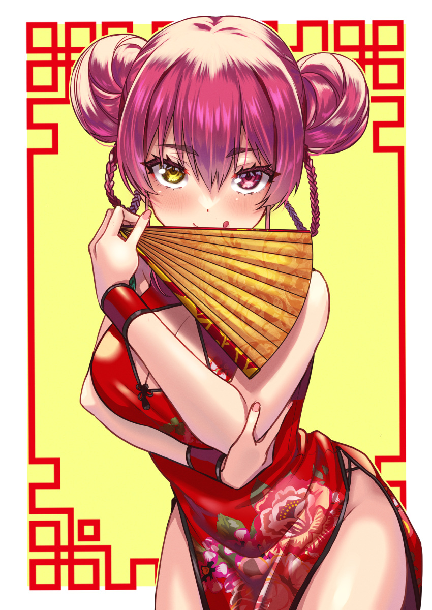 1girl :q absurdres alternate_costume alternate_hairstyle breasts china_dress chinese_clothes cleavage cleavage_cutout clothing_cutout double_bun dress hair_bun hand_fan heterochromia highres holding holding_fan hololive houshou_marine large_breasts long_hair looking_at_viewer ooike_teru print_dress red_dress red_eyes red_hair sleeveless sleeveless_dress solo tongue tongue_out virtual_youtuber yellow_eyes