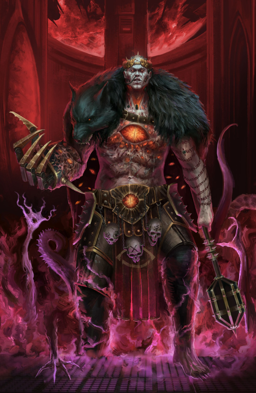 1boy absurdres armor bald black_armor body_markings chaos_(warhammer) clawed_gauntlets extra_eyes eyes_of_horus_(warhammer_40k) gauntlets glowing glowing_eyes highres holding holding_mace horus_lupercal laurel_crown mace ornate_armor pelt primarch red_eyes scar scar_across_eye scar_on_face serdjek single_gauntlet skull skull_ornament slit_pupils solo spiked_armor spiked_gauntlets spiked_mace spikes warhammer_40k weapon wolf_pelt worldbreaker_(warhammer_40k)