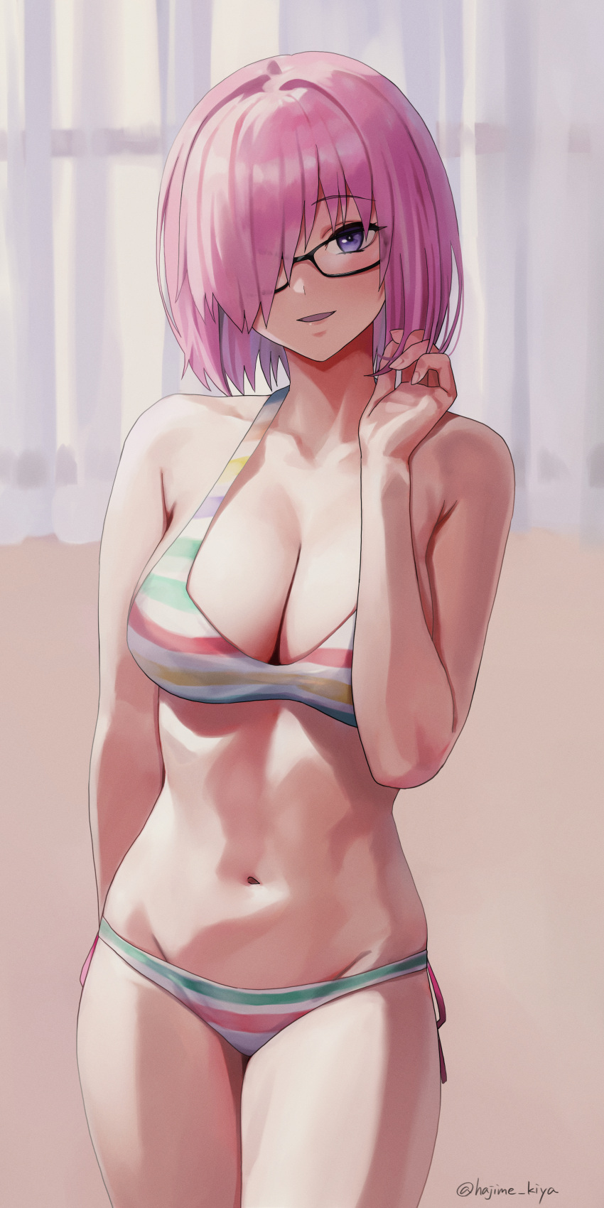 absurdres bikini black-framed_eyewear blue_eyes breasts brown_background cleavage cowboy_shot curtains day fate/grand_order fate_(series) hair_over_one_eye highres kiya_hajime large_breasts light_purple_hair mash_kyrielight mash_kyrielight_(swimsuit_of_perpetual_summer_ver.02) navel short_hair side-tie_bikini_bottom striped striped_bikini swimsuit twitter_username wall window