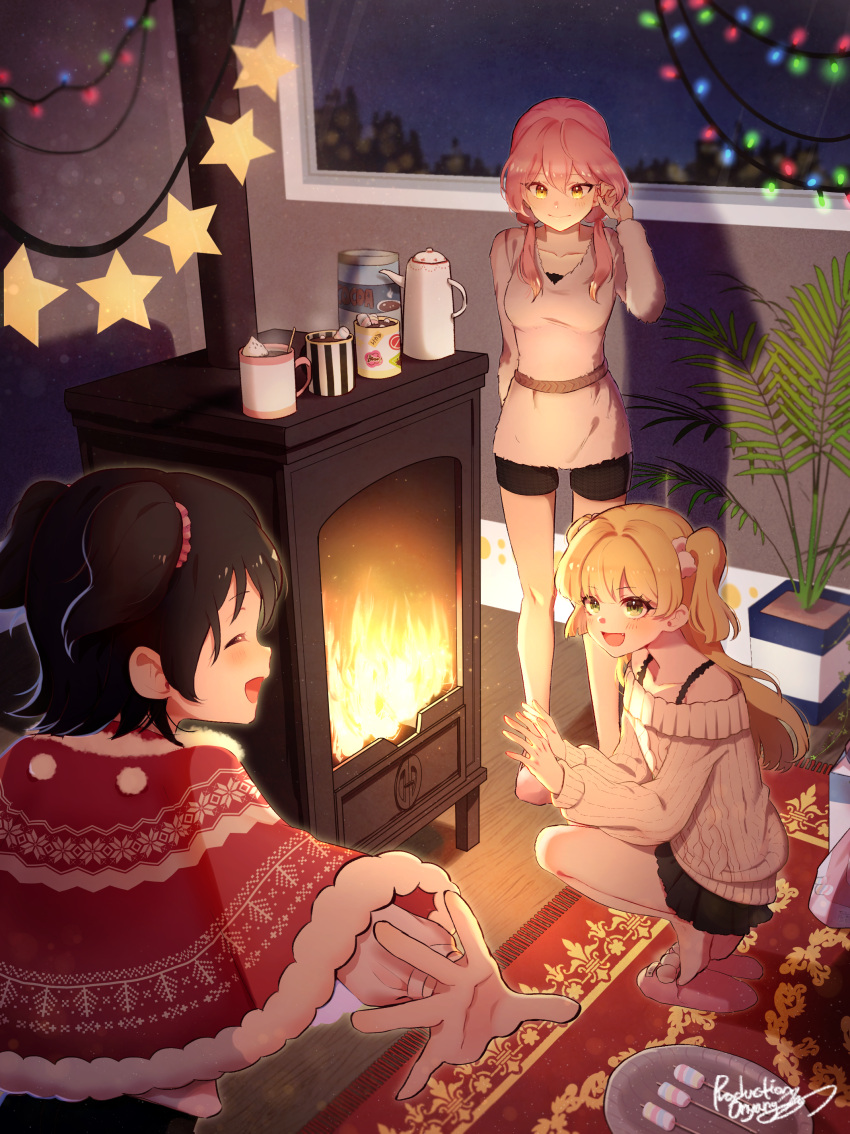 3girls ^_^ absurdres akagi_miria black_hair blonde_hair blush breasts capelet carpet closed_eyes collarbone cup fire food fur-trimmed_capelet fur_trim hair_tucking highres idolmaster idolmaster_cinderella_girls indoors jougasaki_mika jougasaki_rika led light_smile looking_at_another marshmallow medium_breasts mug multiple_girls onyang pink_hair red_capelet siblings signature sisters slippers smile squatting star_(symbol) steam two_side_up wood-burning_stove