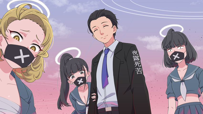 1boy 3girls black_hair blonde_hair blue_archive blue_serafuku breasts cleavage closed_eyes delinquent halo highres holding_another's_arm looking_at_viewer majinmallow mask mouth_mask multiple_girls necktie ponytail sarashi school_uniform sensei_(blue_archive) serafuku smile sukeban sukeban_(mg)_(blue_archive) sukeban_(smg)_(blue_archive) sukeban_(sr)_(blue_archive)