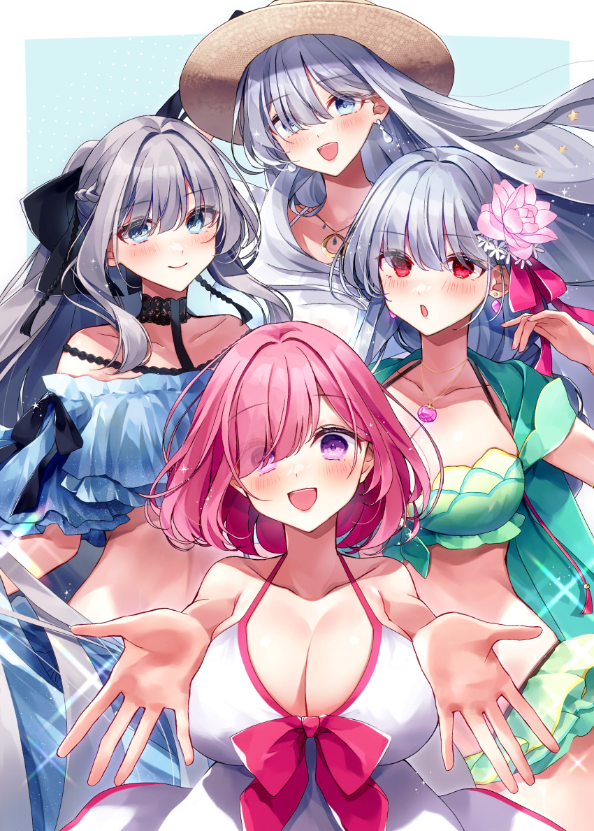 4girls absurdres anastasia_(fate) anastasia_(swimsuit_archer)_(fate) anastasia_(swimsuit_archer)_(first_ascension)_(fate) bare_shoulders bikini black_bow blue_bikini blue_dress blue_eyes blush bow braid braided_ponytail breasts choker cleavage collarbone dress dress_swimsuit earrings fate/grand_order fate_(series) flower french_braid green_bikini green_vest grey_hair hair_bow hair_flower hair_ornament hair_over_one_eye hair_ribbon hat highres hood hooded_vest hoodie jewelry kama_(fate) kama_(swimsuit_avenger)_(fate) kama_(swimsuit_avenger)_(second_ascension)_(fate) large_breasts light_purple_hair long_hair looking_at_viewer lotus mash_kyrielight mash_kyrielight_(swimsuit_of_perpetual_summer) misaki346 morgan_le_fay_(fate) morgan_le_fay_(jade_hairpin)_(fate) multiple_girls navel necklace open_mouth outstretched_arms pendant ponytail purple_eyes red_eyes ribbon short_hair sidelocks smile sparkle straw_hat swimsuit very_long_hair vest white_hair white_swimsuit