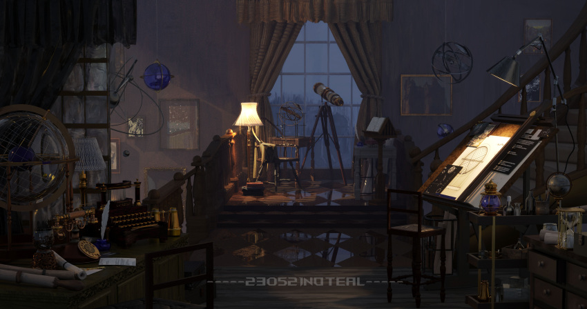 absurdres artist_name bookshelf chair cloud cloudy_sky commentary_request curtains desk desk_lamp highres hourglass indoors lamp no_humans noteal original picture_(object) scenery sky stairs telescope tree typewriter watermark window