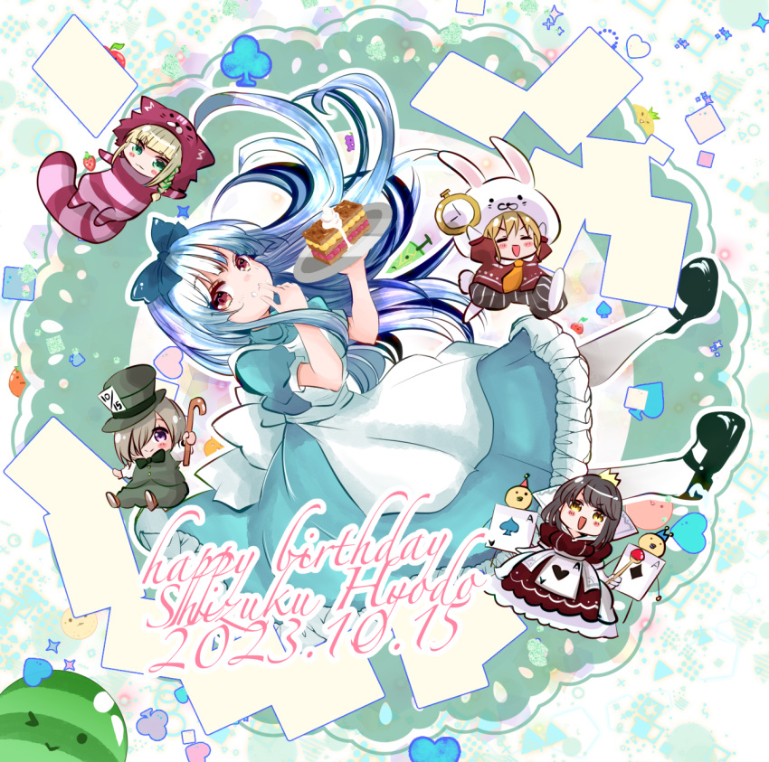 5girls alternate_costume apron blue_bow blue_dress blue_hair bow cake card character_name chibi closed_mouth club_(shape) dated doily dress enmaided finger_to_mouth floating food frilled_dress frills from_side fruit full_body hair_bow happy_birthday hat heart highres holding holding_plate hyodou_shizuku ichinose_rei idoly_pride kawasaki_sakura_(idoly_pride) licking_lips looking_at_viewer maid multiple_girls plate playing_card puffy_short_sleeves puffy_sleeves red_eyes saeki_haruko_(idoly_pride) shiraishi_chisa short_sleeves solo sunny_peace tagawa_maru tongue tongue_out top_hat watermelon whipped_cream white_apron