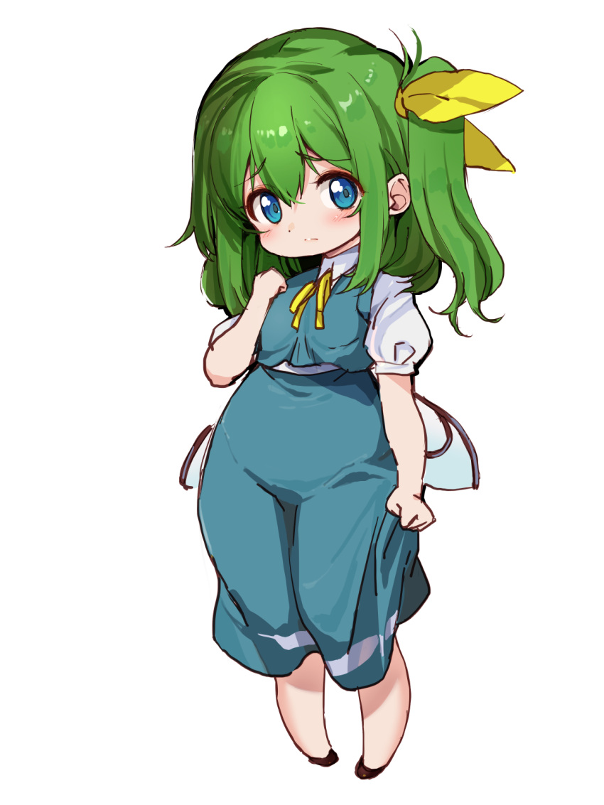 1girl ase_(nigesapo) blue_dress blue_eyes blush breasts chibi closed_mouth commentary_request daiyousei dress fairy_wings full_body furrowed_brow green_hair hair_between_eyes hand_on_own_chest hand_up highres light_frown long_hair looking_at_viewer one_side_up pigeon-toed puffy_short_sleeves puffy_sleeves short_sleeves simple_background skirt skirt_tug small_breasts solo standing touhou white_background wings