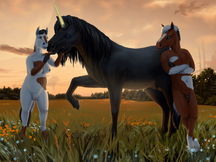 anthro equid equine female feral group horse lemurlemurovich male male/female mammal trio