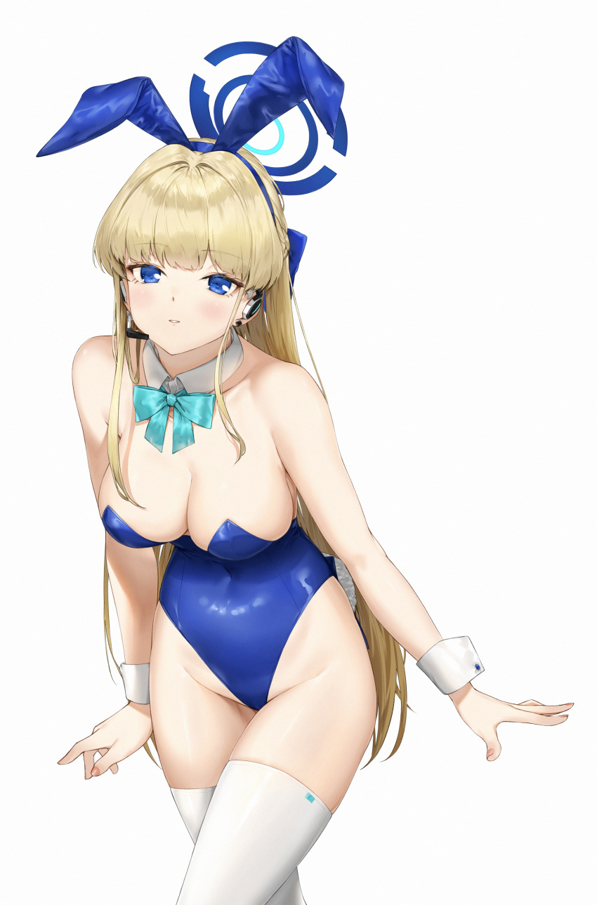 1girl absurdres animal_ears bare_shoulders blonde_hair blue_archive blue_bow blue_eyes blue_hairband blue_leotard bow bowtie braid breasts detached_collar fake_animal_ears groin hairband halo highleg highleg_leotard highres leotard long_hair medium_breasts official_alternate_costume official_alternate_hairstyle parted_lips pixel_(yuxian) playboy_bunny rabbit_ears rabbit_tail simple_background solo tail thighhighs thighs toki_(blue_archive) toki_(bunny)_(blue_archive) very_long_hair white_background white_thighhighs wrist_cuffs