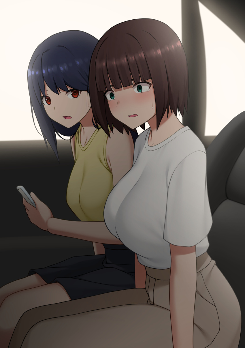 2girls aqua_eyes arms_at_sides bare_shoulders black_skirt blue_hair blunt_bangs blush bob_cut breasts brown_hair brown_pants car_interior cellphone commentary_request constricted_pupils embarrassed hand_up high-waist_pants high-waist_skirt highres holding holding_phone indoors large_breasts legs_together long_hair looking_at_another maanii medium_breasts miniskirt multiple_girls open_mouth original pants phone pocket red_eyes shirt shirt_tucked_in short_hair short_sleeves sidelocks sitting skirt sleeveless sleeveless_shirt smartphone tears variant_set white_shirt wide-eyed window yellow_shirt