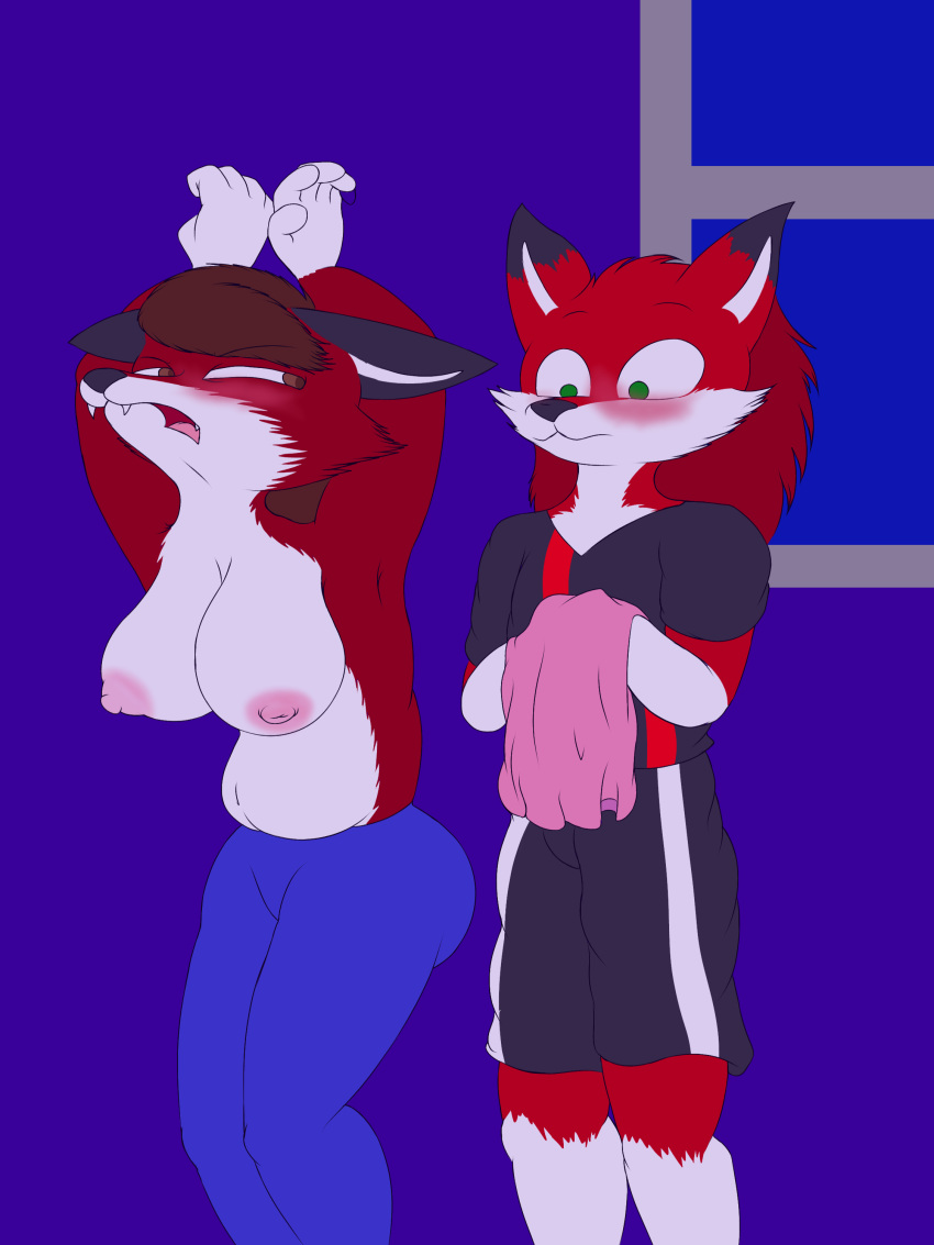 absurd_res anthro belly black_ears black_nose blush bodily_fluids breasts brown_eyes brown_hair canid canine clothed clothing duo embrace exposed_breasts female flamberry flamberry_(artist) fox fur hair hi_res holidays hug incest_(lore) long_hair male male/female mammal mother mother's_day mother_and_child mother_and_son navel parent parent_and_child red_body red_fox red_fur red_hair rose_(flamberry) simple_background slightly_chubby son suggestive surprised_expression sweat undressing undressing_another white_body white_fur window