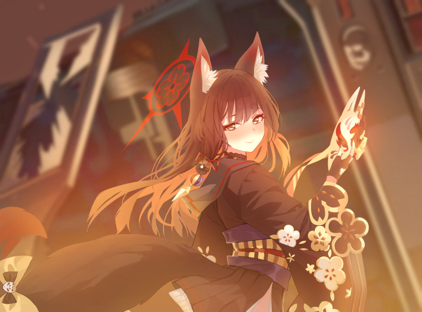 1girl absurdres animal_ear_fluff animal_ears artist_request asymmetrical_bangs black_gloves black_kimono blue_archive blunt_ends blurry blurry_background blush bow broken_glass brown_hair fingerless_gloves floral_print flower fox_ears fox_girl fox_mask fox_tail game_cg glass gloves hair_flower hair_ornament halo highres holding holding_mask japanese_clothes kimono long_hair looking_at_viewer looking_back mask multicolored_hair non-web_source obi obiage official_art print_kimono red_hair red_halo sash side_slit smile solo tail tail_bow tail_ornament two-tone_hair wakamo_(blue_archive) wide_sleeves yellow_eyes