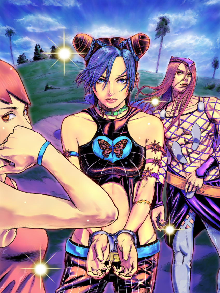 1boy arm_tattoo armband blue_eyes blue_hair boots brown_hair collar cone_hair_bun cuffs double_bun fishnet_shirt foo_fighters hair_bun handcuffs hat highres horned_hat jojo_no_kimyou_na_bouken keiimajima02 kujo_jolyne long_hair multicolored_hair narciso_anasui pink_hair realistic red_hair short_hair showgirl_skirt sky spider_web_print stone_ocean sun tattoo thigh_boots two-tone_hair wristband