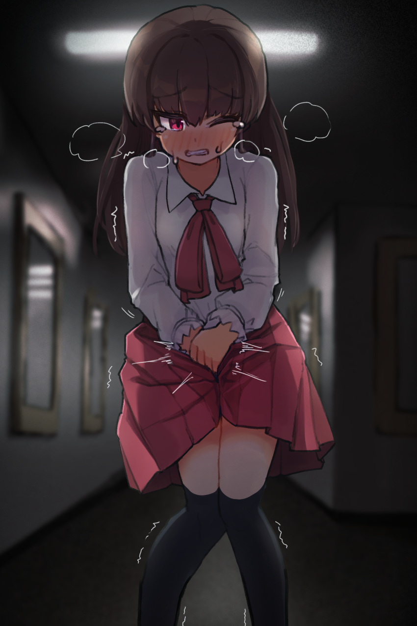 1girl absurdres between_legs black_thighhighs blush bow bowtie brown_hair clenched_teeth commentary_request commission hair_between_eyes hand_between_legs have_to_pee highres ib ib_(ib) indoors knees_together_feet_apart long_hair long_sleeves medium_skirt nose_blush one_eye_closed parted_lips pleated_skirt red_bow red_bowtie red_eyes red_skirt shirt sinasimu4746 skeb_commission skirt solo standing sweat teeth thighhighs urine_meter white_shirt