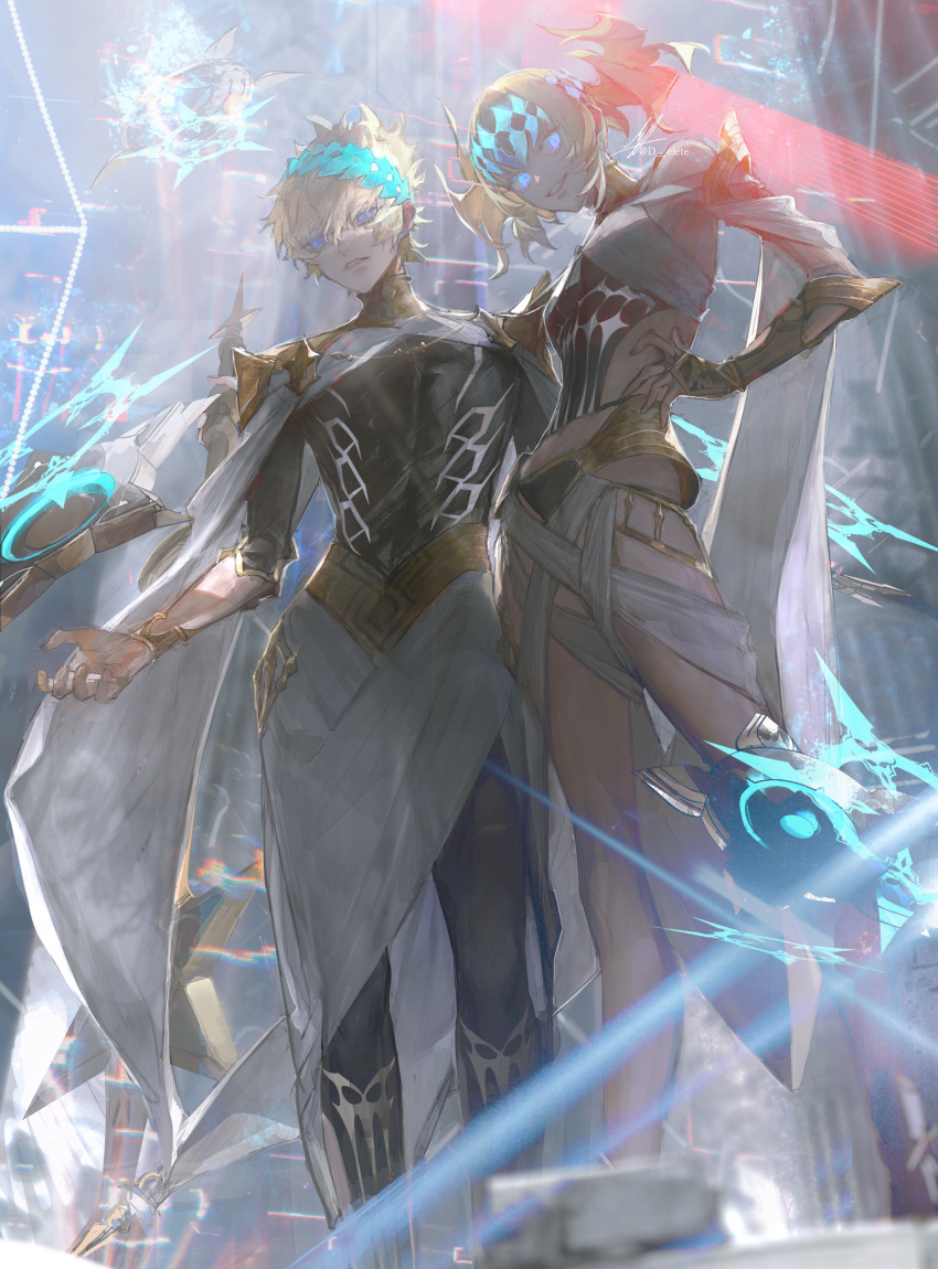 1boy 1girl absurdres armor au_(d_elete) bare_shoulders black_shirt blonde_hair blue_eyes bracer breasts brother_and_sister cape castor_(fate) chakram clenched_teeth collar commentary diadem fate/grand_order fate_(series) feet_out_of_frame from_below hair_between_eyes hand_on_own_hip highres looking_at_viewer medium_hair metal_collar pauldrons pollux_(fate) revision shirt short_hair shoulder_armor siblings signature skirt small_breasts smile teeth twins twitter_username vambraces weapon white_cape white_skirt